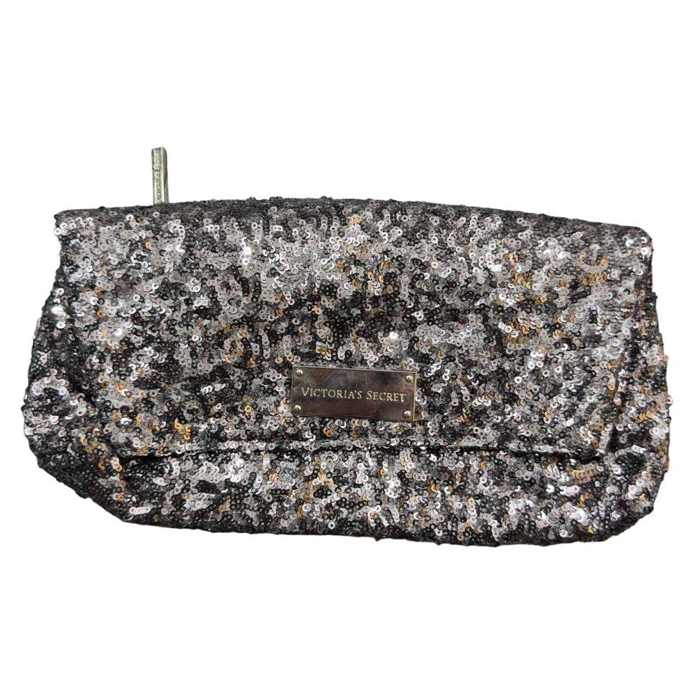 Victoria's Secret Silver Sequin Fold Over Cosmetic Clutch With Zipped Pocket